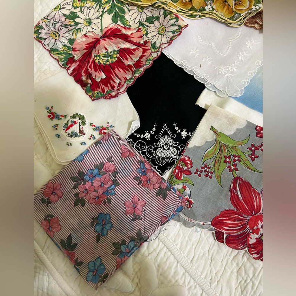 10 Vintage and Embroidered Handkerchiefs. One never used! All clean. Some used.
